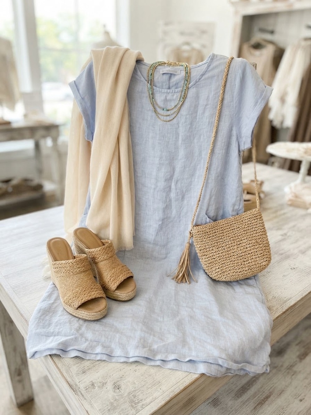 CP Shades Light Blue Linen Shift Dress with Neutral Straw Accessories